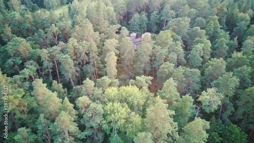 Reconstructed Wooden Castle of Semigallians in Tervete, Latvia Surrounded by Pine Forest. Aerial Dron 4k View. photo