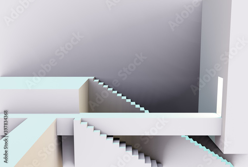 Canvas Print 3D render illustration of abstract space with door and  staircase with podium, stand, corridor, geometric objects