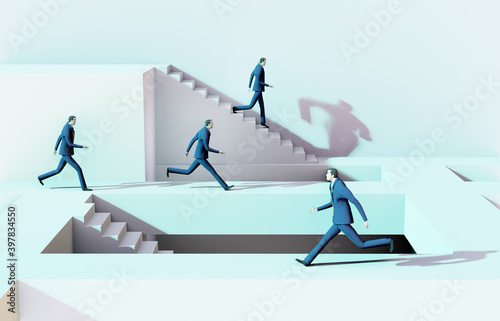 3D render illustration, Business people running on stairs towards success in abstract environment represents solving the problems, finding the right way, advisory, competition and achievement 