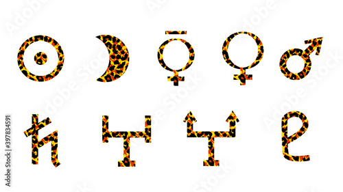 Set of animal print symbols of planets. Vector symbols of the Sun, Moon, Mercury, Mars, Venus, Jupiter, Saturn, Uranus, Neptune and Pluto