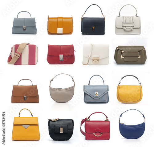 group of women leather purses isolated on white 