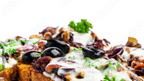 Hot sandwiches with mushrooms on a white background. Close up. High quality photo