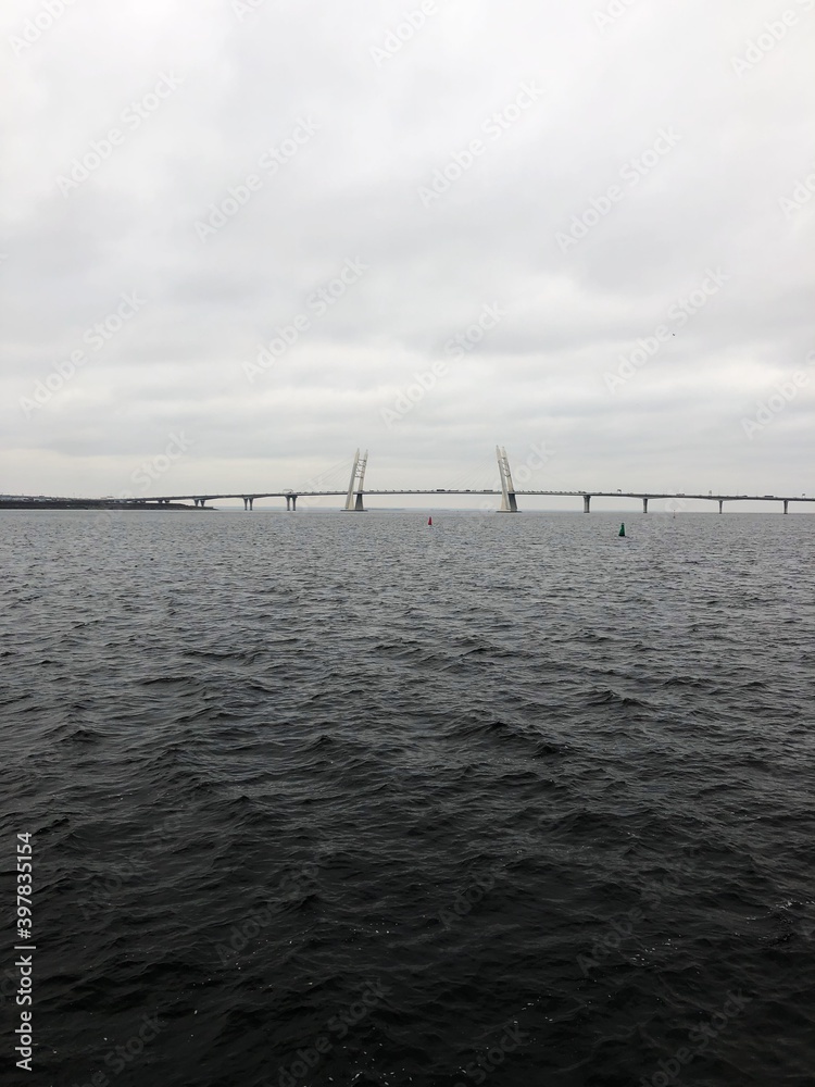 Beautiful landscape river and bridge in Saint Petersburg