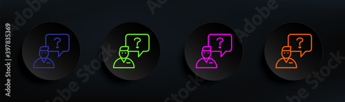 handling a question dark badge color set. Simple thin line, outline vector of interview icons for ui and ux, website or mobile application