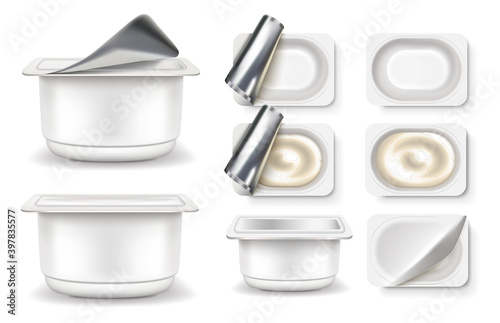 Yogurt icons set. Packaging fermented milk product packages are empty and full. Top and side view. 3D realistic mockup. For advertising, branding and presentation. Isolated white background. Vector.