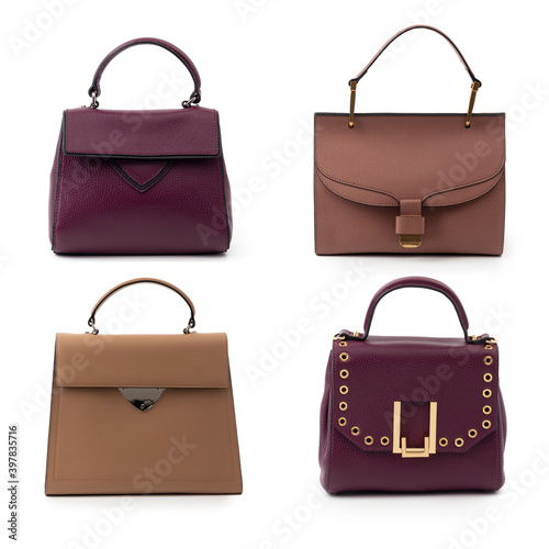 group of women leather handbags isolated on white 