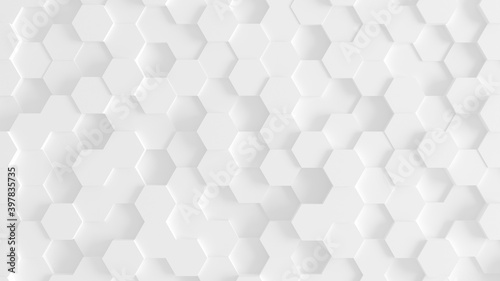 Fototapeta Naklejka Na Ścianę i Meble -  Abstract geometric mesh background. Texture white shapes of hexagon elements with shadows. Hexagonal 3d render backdrop. Repeating polygonal objects. Stylish decorative wallpaper concept rendering.
