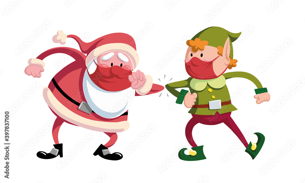 vector illustration Santa Claus and elf in mask dancing and enjoying Christmas and New Year party isolated over white background
