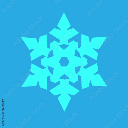 Blue Snowflake icon isolated on blue background. Winter sign, christmas theme. Flat shaped. Symbol snow holiday, cold weather, frost. Winter design element. Vector illustration.
