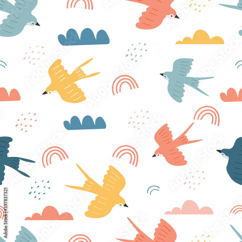 Vector cartoon pattern. Seamless pattern with swallow birds. Design for fabric  textile  wallpaper  surface  etc. Vector illustration. 