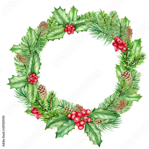 Watercolor christmas wreath with holly berries. pine cones, spruce branches. New year round floral frame isolated on white background. Classical christmas illustration for invitations, cards