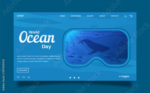 Landing Page World Ocean Day, with the theme of an underwater view that shows various fish and a whale diving, from the point of view of diving goggles.