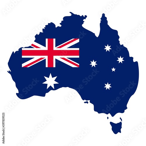 Australian national flag and map. Government symbol. Red, white and blue colors. 26 of January. Template for stickers, post cards, banner and posters. Graphic and web design. Happy Australia Day