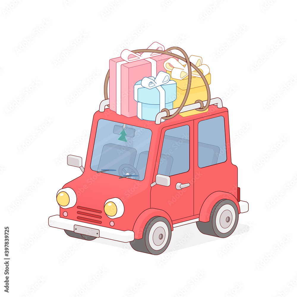 Φωτογραφία Christmas gifts on roof of a red retro car
