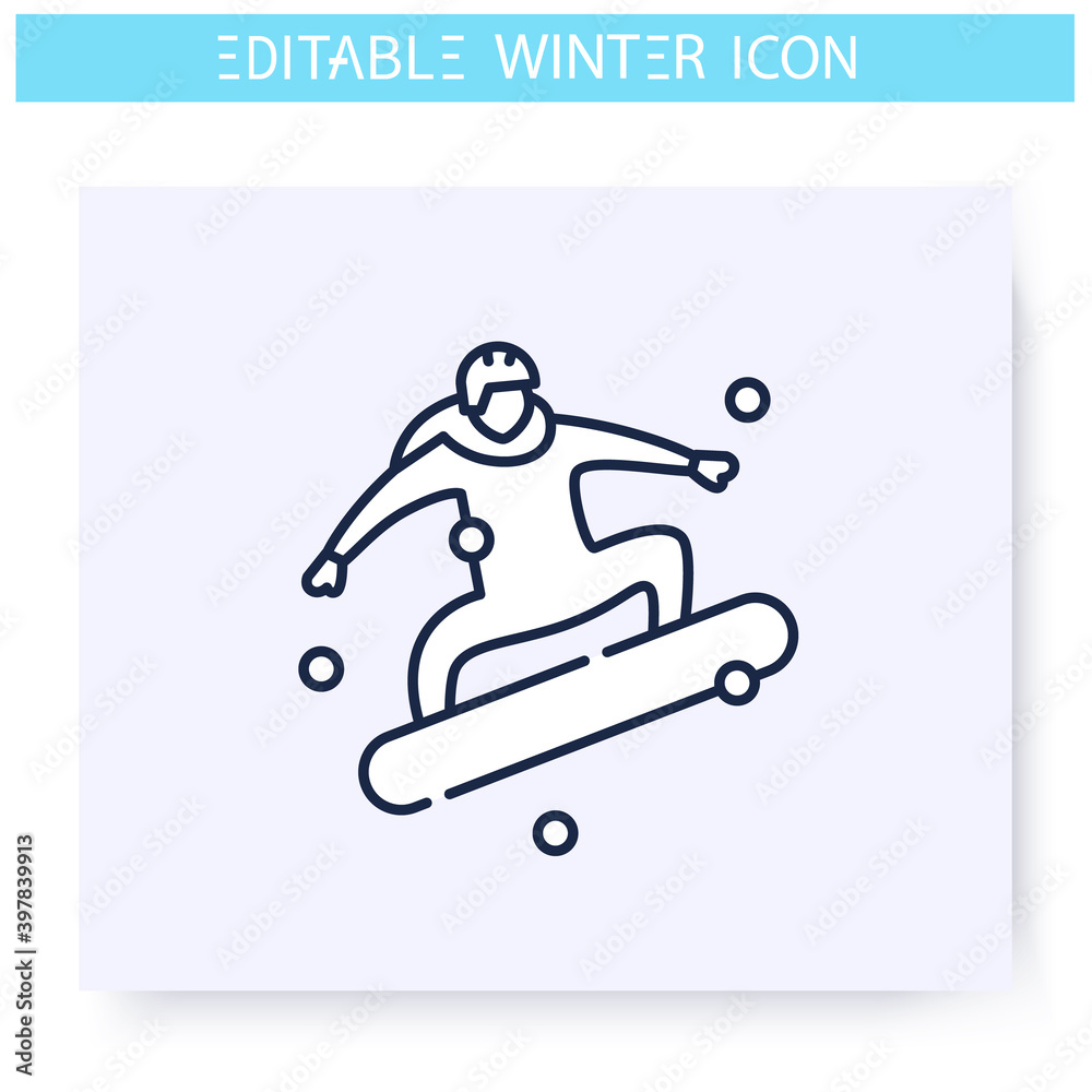 Snowboarding line icon. Man skates snowboard. Jumping snowbordist. Winter holidays and leisure concept. Winter sport, hobby. Isolated vector illustration. Editable stroke 