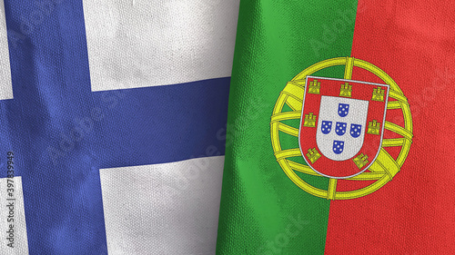 Portugal and Finland two flags textile cloth 3D rendering