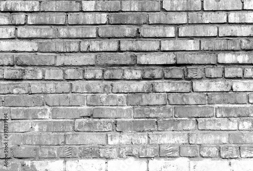 Grunge Shabby Black White Brick Wall Background. Aged Wall Texture. Weathered Brickwork. Grungy Stonewall Background. Rough Texture Block Wall.
