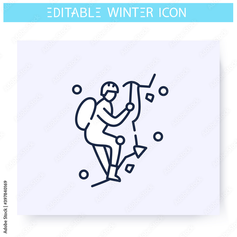 Ice climbing line icon. Man climbing ice rock. Alpinist climbs to the top. Winter holidays and leisure concept. Mountaineering. Sport, hobby. Isolated vector illustration. Editable stroke Ice climbing line icon. Man climbing ice rock. Alpinist climbs to the top. Winter holidays and leisure concept. Mountaineering. Sport, hobby. Isolated vector illustration. Editable stroke