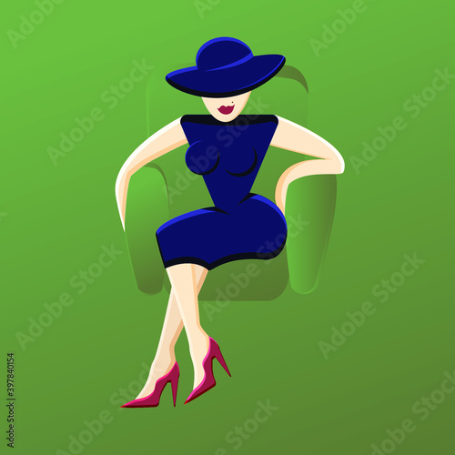 Graceful woman siting on the soft chair nicely dressed with the hat . Flay vector illustration