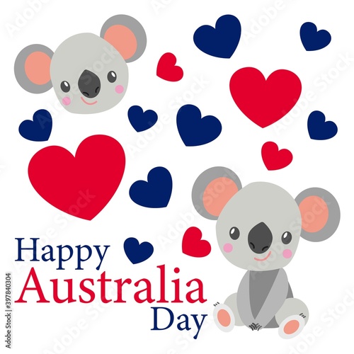 Fototapeta Naklejka Na Ścianę i Meble -  Baby koala smiling. Cute and funny. Flat cartoon style. Australian national flag. Red and blue hearts. White background. 26 of January. Template for post cards, banners, posters. Happy Australia Day