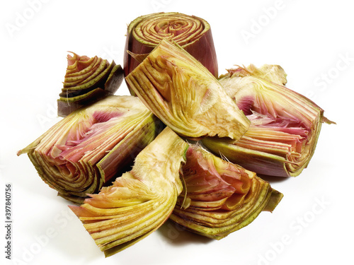 Raw Artichoke Hearts on white Background Isolated photo