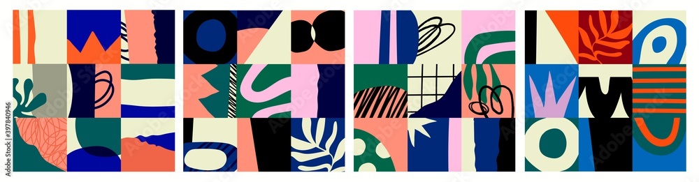 Fototapeta premium Set of four Abstract colorful Backgrounds, Patterns. Hand drawn doodle shapes, spots, drops, curves, lines. Contemporary modern trendy Vector illustration. Patchwork concept. Poster, print template
