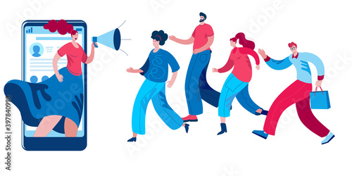 The girl shouts into a megaphone on her phone and calls subscribers to her account. Concept of a vector illustration on the topic of promotion in social networks.