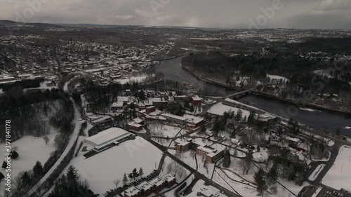 Winter Landscape  - Snow Covered Lennoxville Borough Near Lake Massawippi In The City Of Sherbrooke, Quebec, Canada. - aerial photo