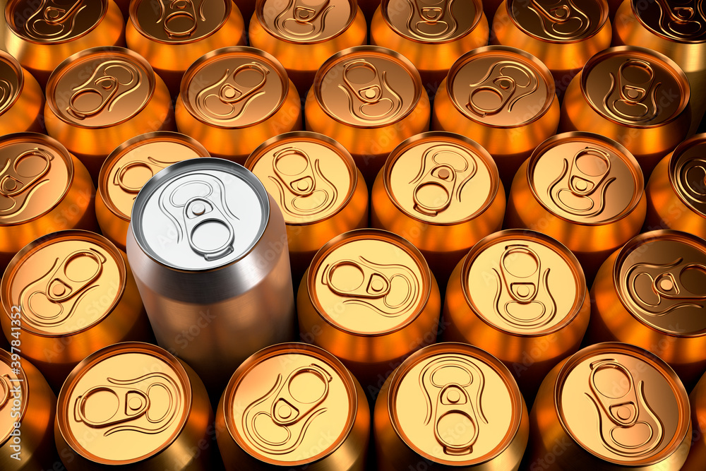 Unique silver can among group of golden recyclable cans cans. View from above Unique silver can among group of golden recyclable cans cans. View from above