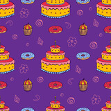 Seamless festive background. Doodle background for birthday, party. Hand-drawn background for packaging, cards, decoration.