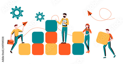 Business concept. Team metaphor. people connecting the elements of the columns. Vector illustration flat design style. Symbol of teamwork, cooperation, partnership. 