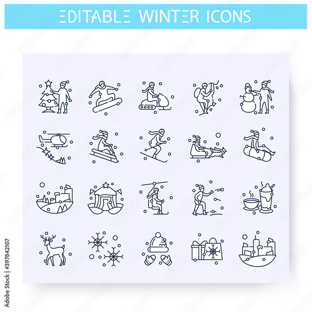 Winter holidays fun line icons set. Outdoors activities, festive entertainments, winter sport. Recreation and leisure concept. Christmas mood. Isolated vector illustration. Editable stroke 