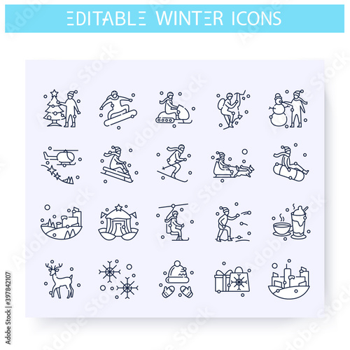 Winter holidays fun line icons set. Outdoors activities, festive entertainments, winter sport. Recreation and leisure concept. Christmas mood. Isolated vector illustration. Editable stroke 