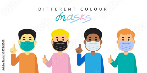 People in protective medical masks of different colors on their faces. People of different nationalities wear protective equipment. Flat design. Vector illustration