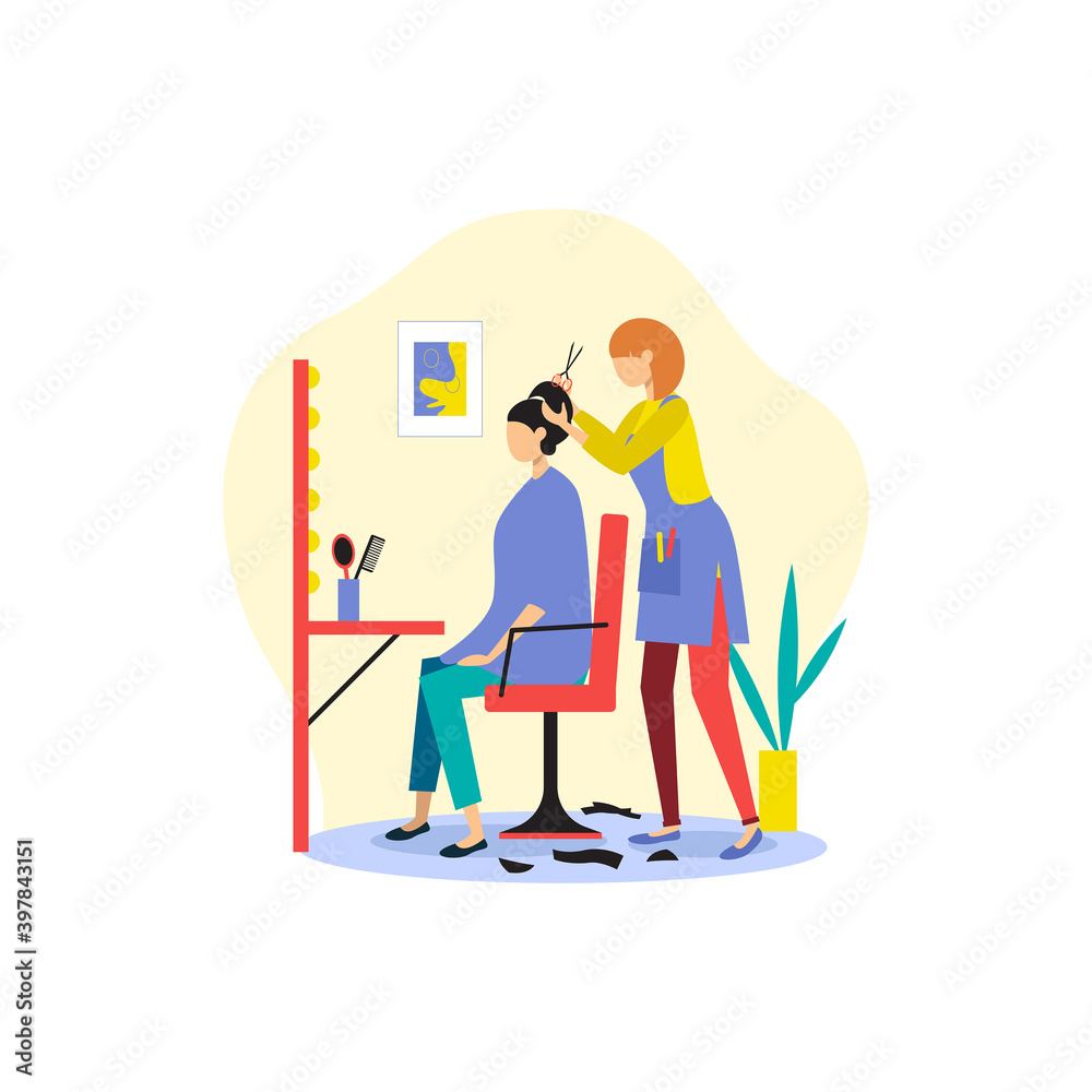 The hairdresser cuts the hair of the girl in the beauty salon. Flat illustration. Beauty service