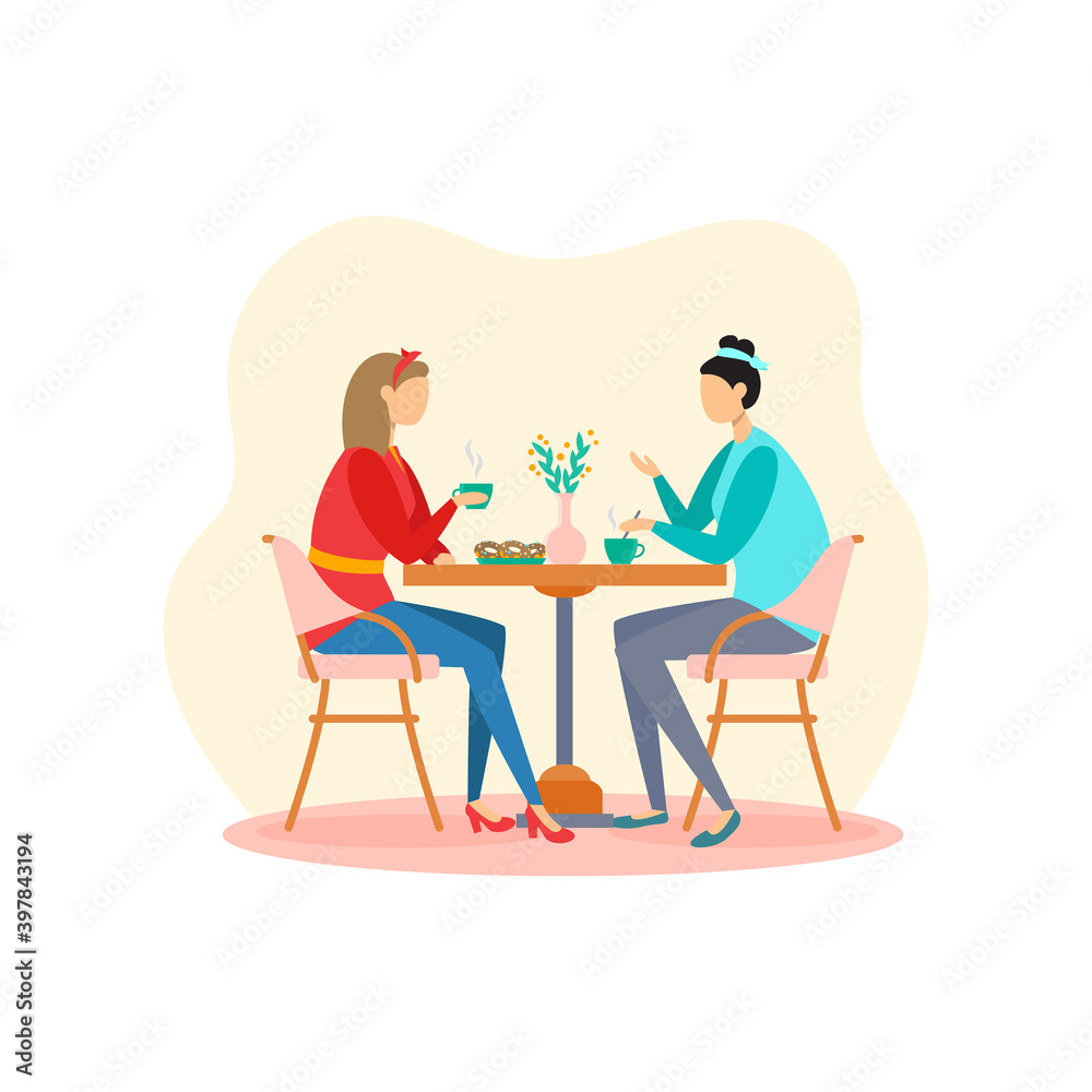 Two friends are sitting at a table and drinking tea in a cafe, talking, friendship day. Color illustration, flat design Two friends are sitting at a table and drinking tea in a cafe, talking, friendship day. Color illustration, flat design