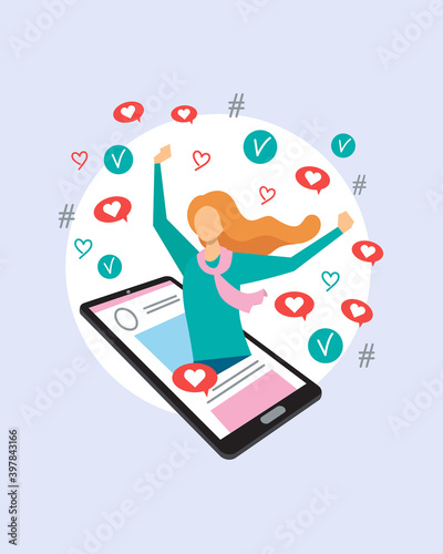 Social media endorsement. Popularity on the Internet. Blogger. Flat