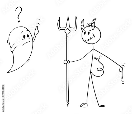 Vector cartoon stick figure illustration of human soul asking to go to heaven, devil is sending it to hell. Concept of good and bad,evil, Christianity and religion.
