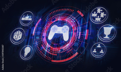 gamification in business processes or game development concept illustration in dark background