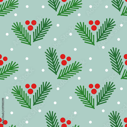 Christmas tree fir branches and berries winter seamless pattern.