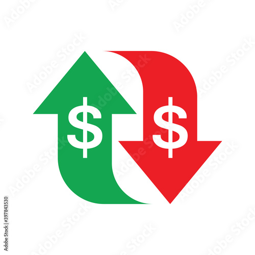 Dollar money - colored icon vector illustration. Up & down Arrows sogns. Cash back concept sign. Exchange market finance business symbol.  photo