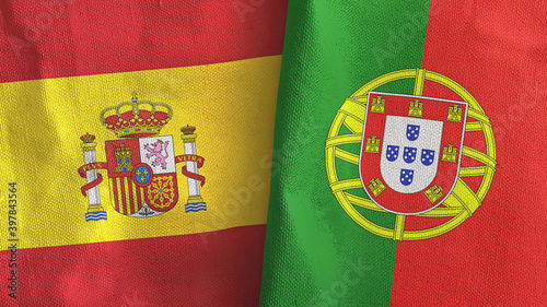 Portugal and Spain two flags textile cloth 3D rendering