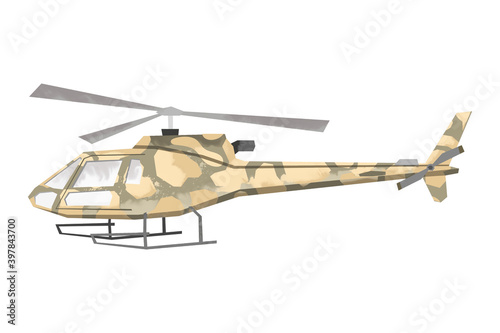 Watercolor millitary helicopter. Isolated aviation vehicle. Cartoon print for kids room. Side view of army camouflage machine