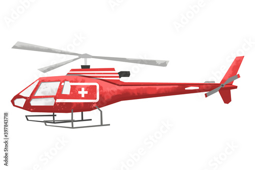 Watercolor medical helicopter. Isolated aviation vehicle. Cartoon print for kids room. Side view of rescue transportation