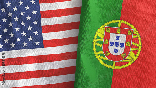 Portugal and United States two flags textile cloth 3D rendering