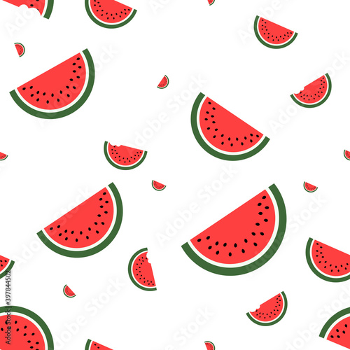 Fototapeta Naklejka Na Ścianę i Meble -  Slices of watermelon. Pattern. Cartoon illustration. Watermelon on the background. Vector illustration