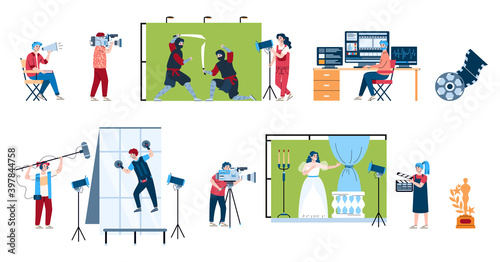 Set of movie production scenes with cartoon people characters involved in film shooting, cartoon vector illustration isolated on white background. Cinema production kit.