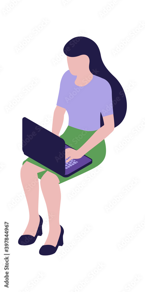 Businesswoman sitting with laptop, rear view, cartoon vector illustration, isometric icon Businesswoman sitting with laptop, rear view, cartoon vector illustration, isometric icon