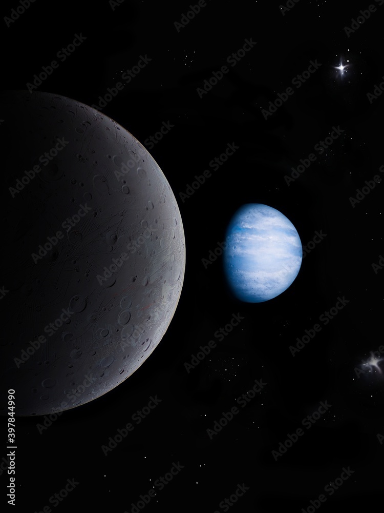 Earth-like planet and rocky satellite with craters in deep space Stock ...
