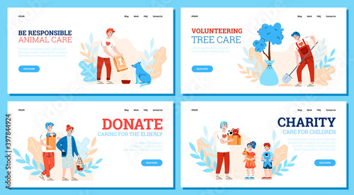 Volunteering web banners set for charity and donation, cartoon vector illustration. Landing page templates bundle for volunteer and charity foundation.